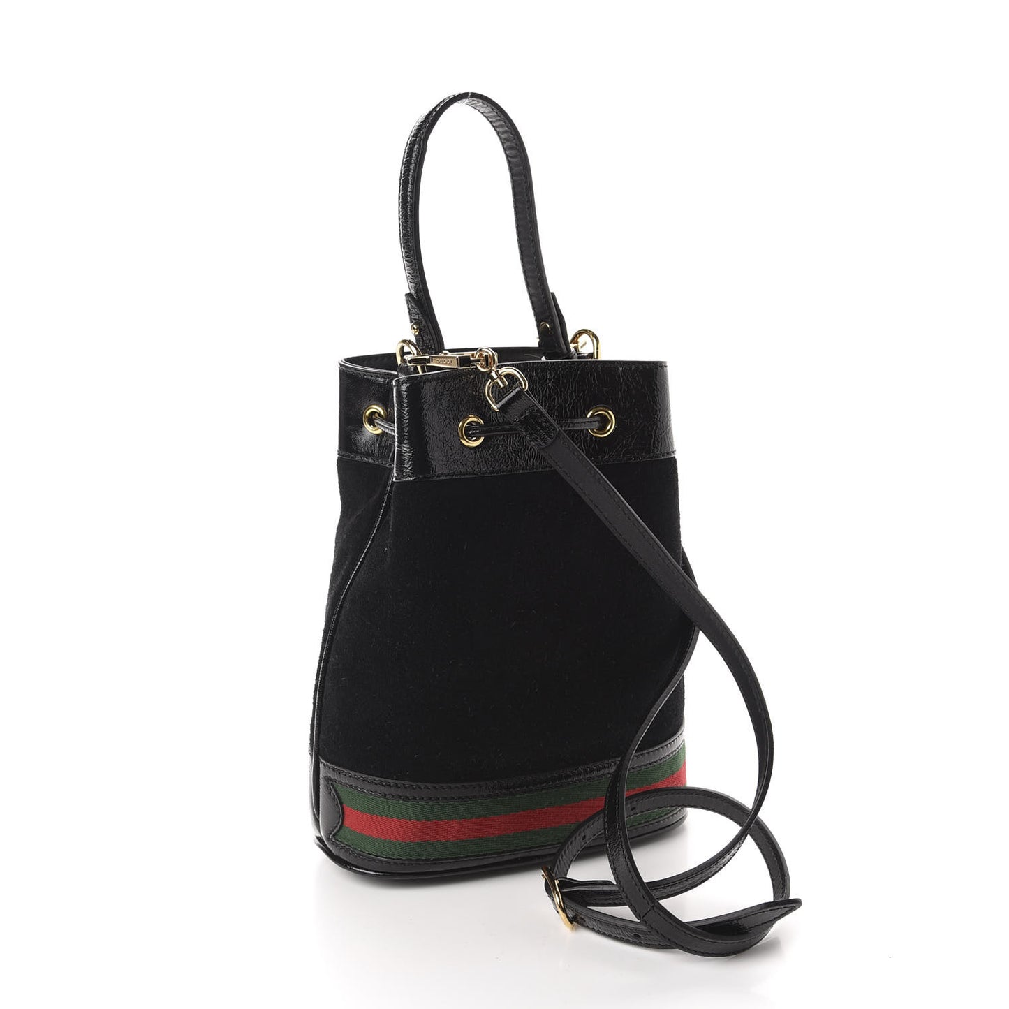 Suede Patent Web Small Ophidia Bucket Bag Black