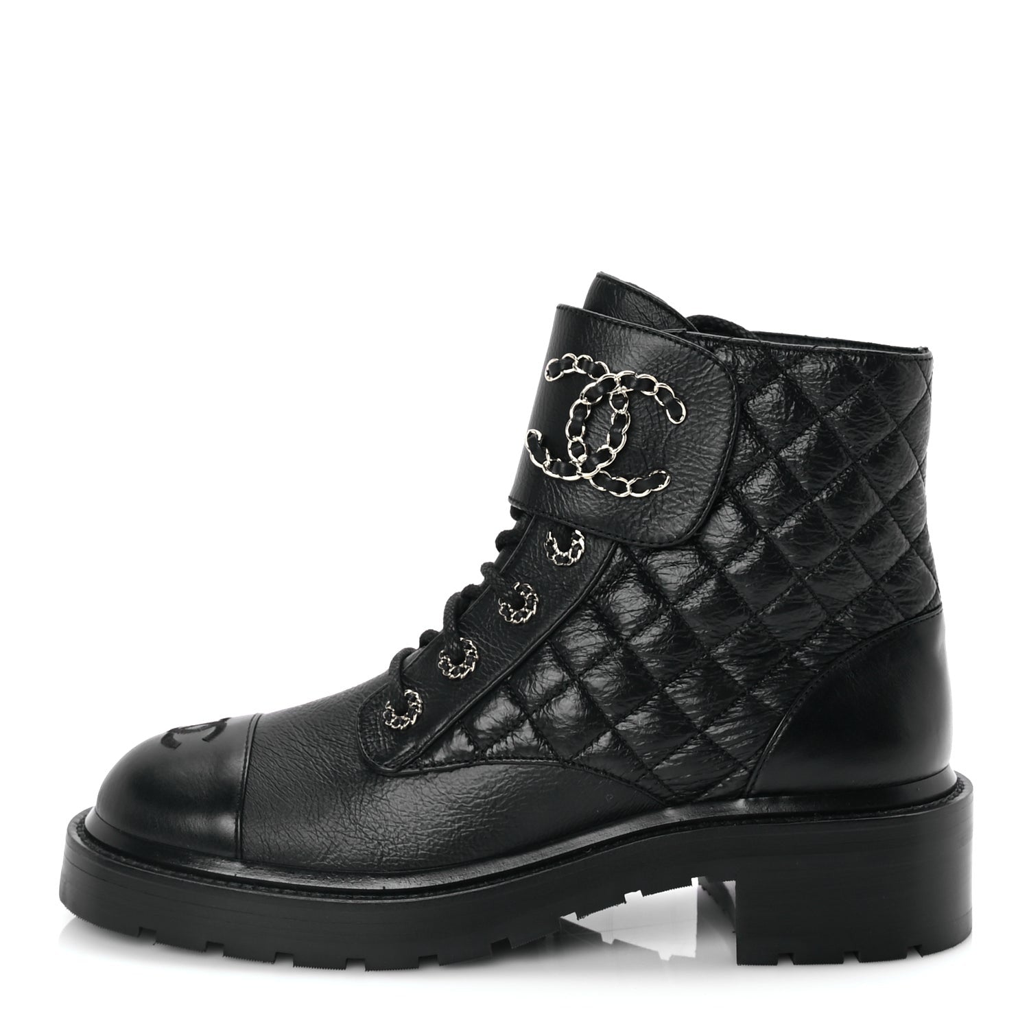 Chanel Shiny Goatskin Calfskin Quilted Lace Up Combat Boots 40 Black 1 of 8