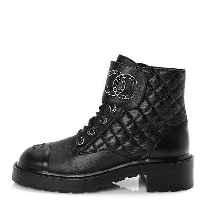 Chanel Shiny Goatskin Calfskin Quilted Lace Up Combat Boots 40 Black 1 of 8