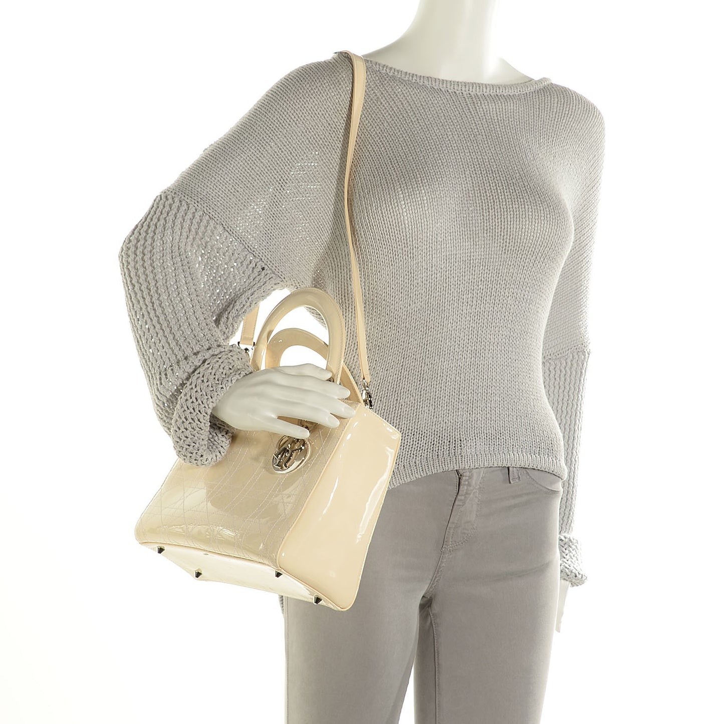 Patent Cannage Stitched Medium Lady Dior Beige