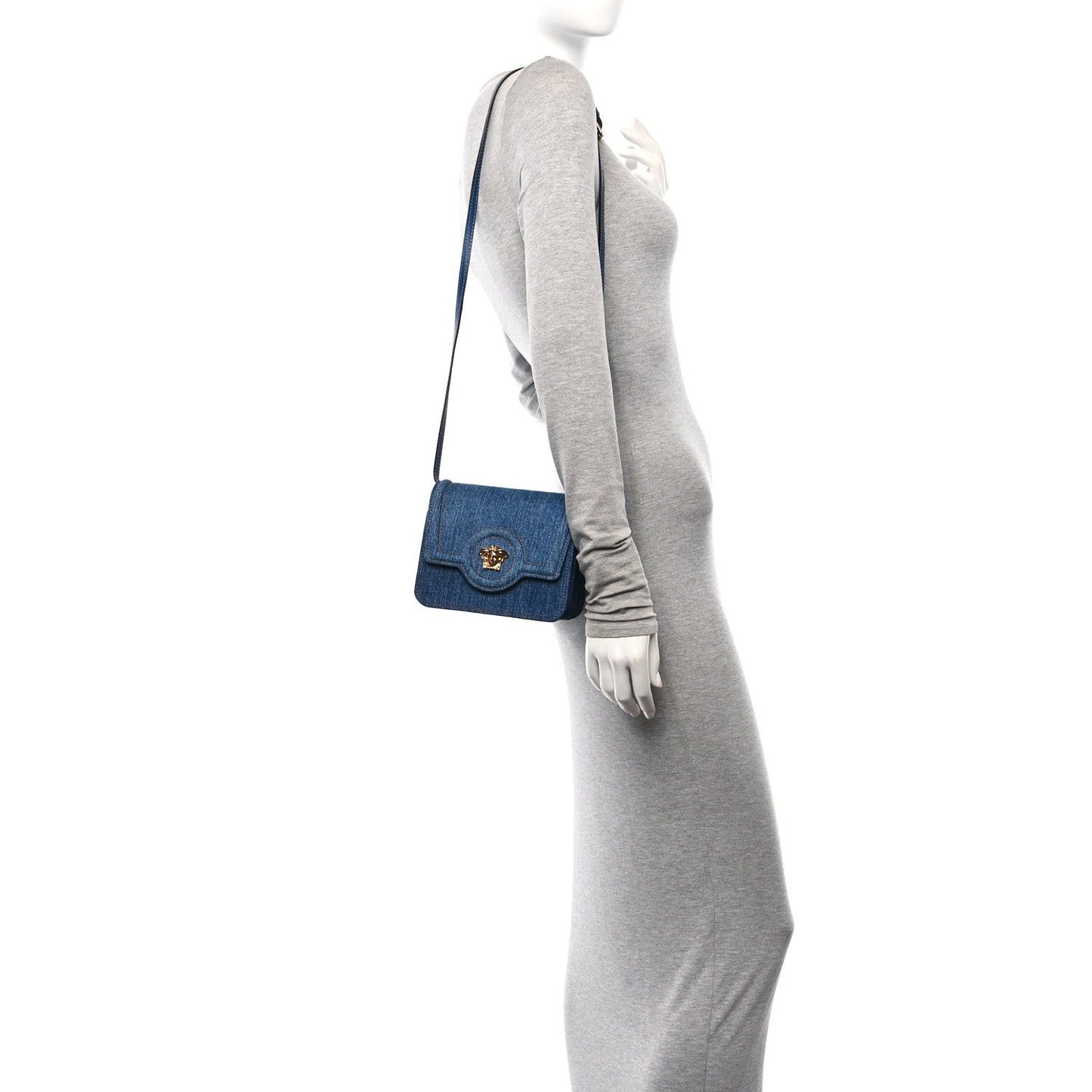 Denim La Medusa Chain Shoulder Bag Navy Blue