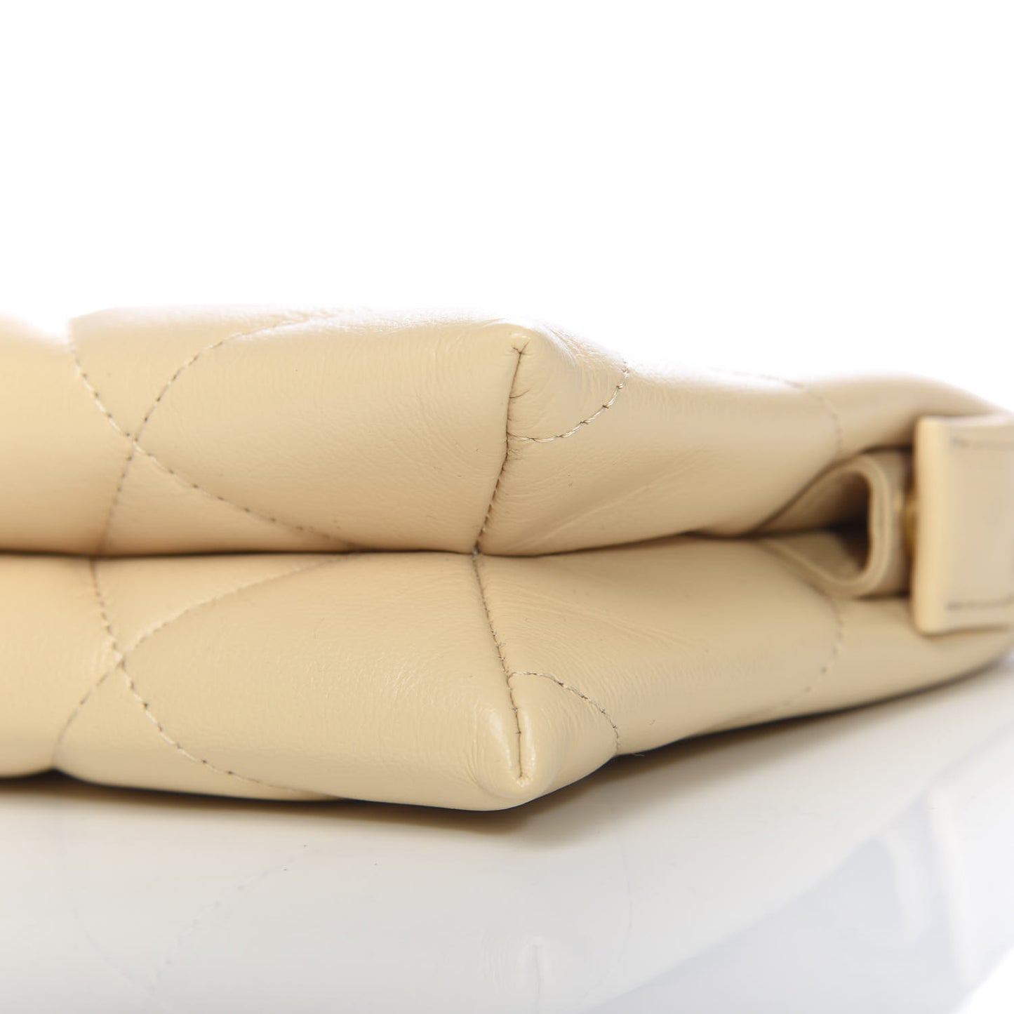 Shiny Goatskin Quilted 19 Small Pouch With Handle Beige