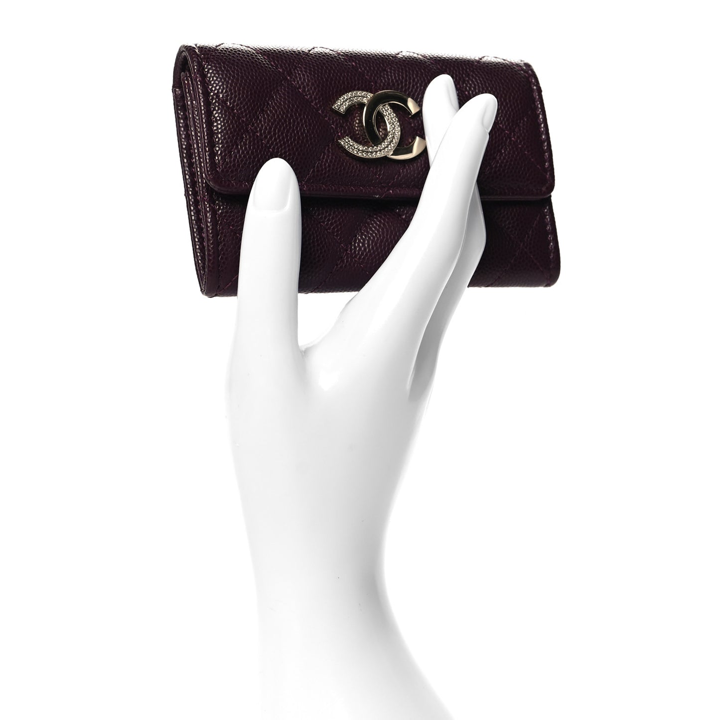 Caviar Quilted Crystal CC Flap Card Holder Burgundy