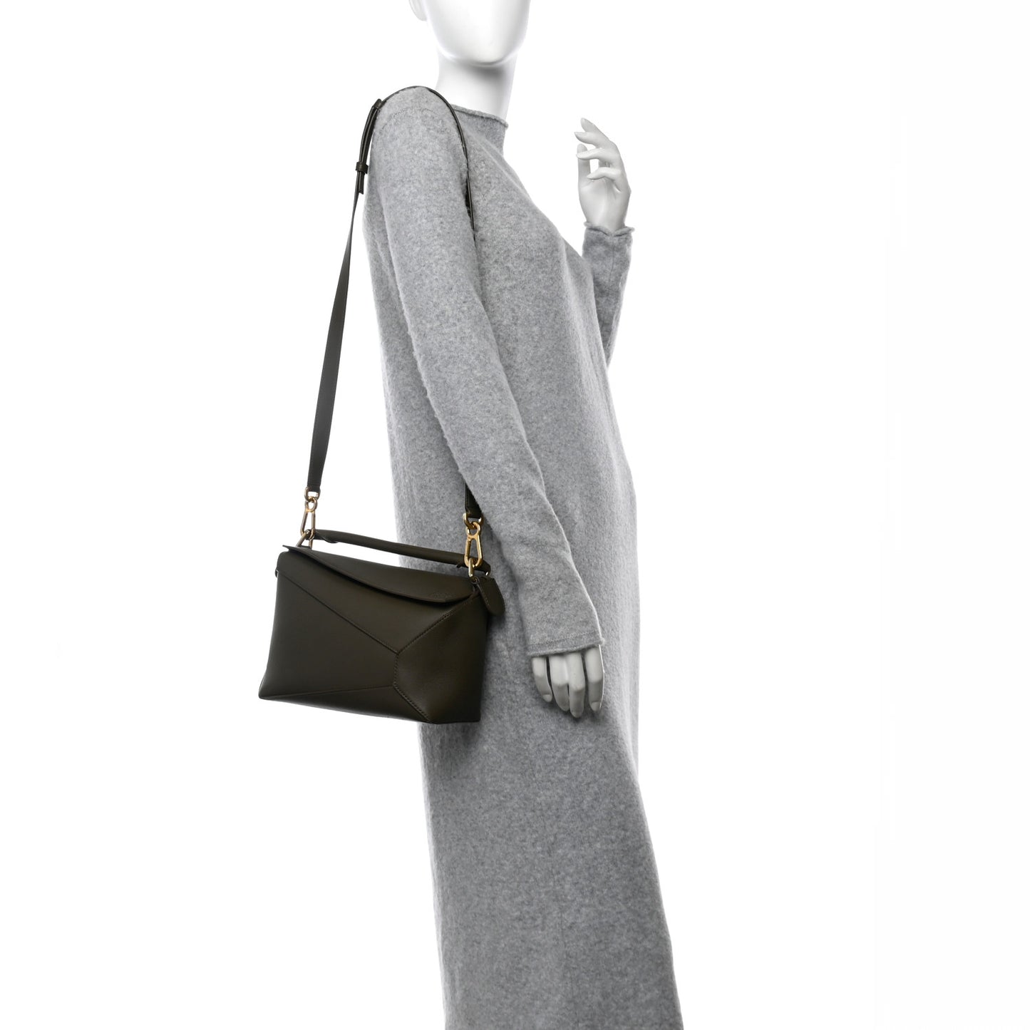 Calfskin Small Puzzle Edge Bag Dark Khaki Green