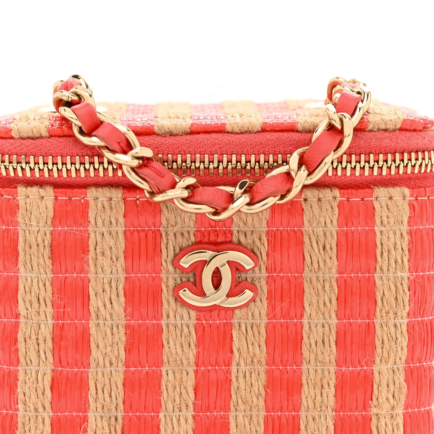 Chanel Raffia Jute Striped Mini Vanity Case With Chain Red Beige 7 of 10