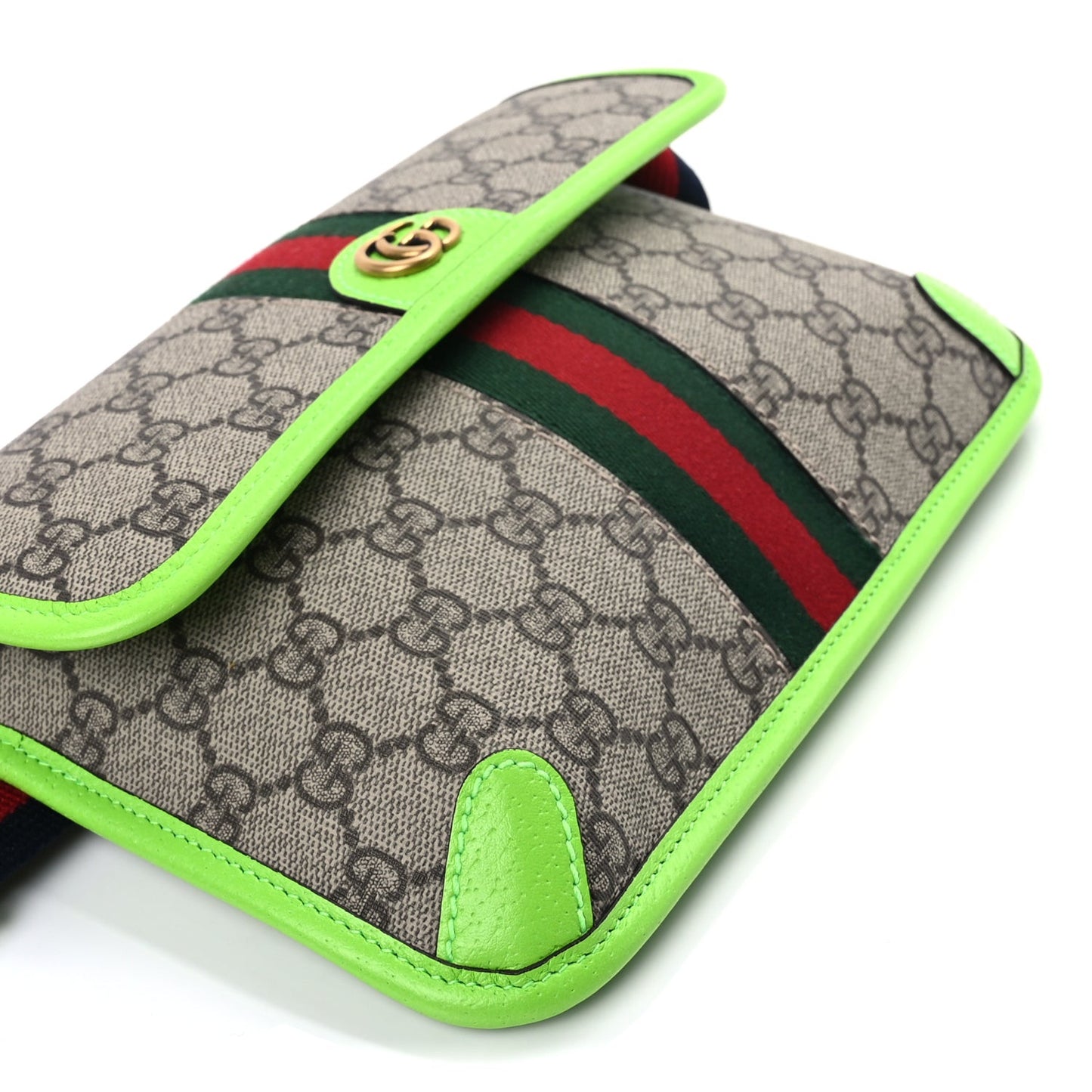 GG Supreme Monogram Web Small Ophidia Belt Bag Beige Ebony Electric Green Ebony Electric Green