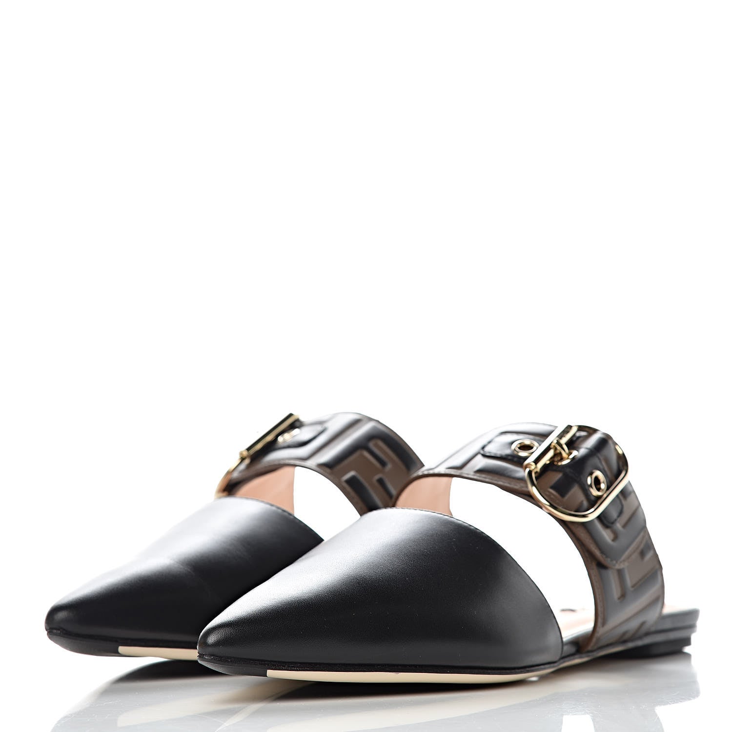 Fendi Vitello FF Embossed Buckle Flat Mules 37.5 Maya Black 3 of 8