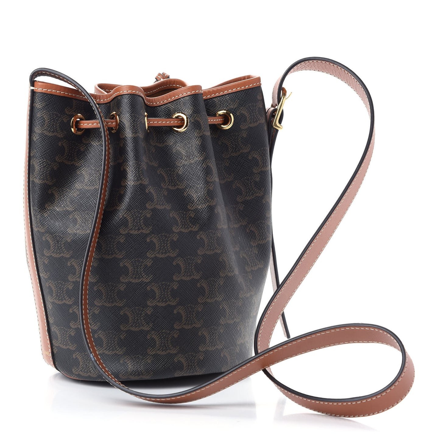 Triomphe Canvas Calfskin Small Drawstring Bucket Bag Tan