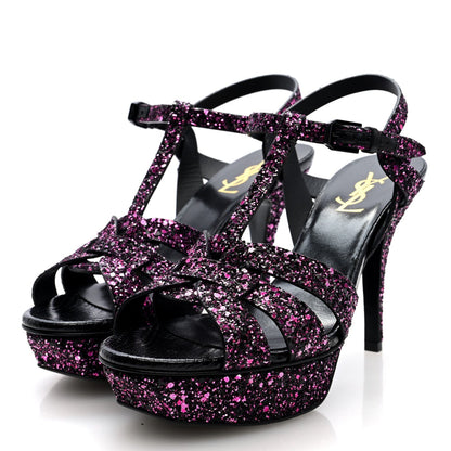 Saint Laurent Glitter Calfskin Ayers Tribute 75 Platform Sandals 38 Black Fuchsia 2 of 7