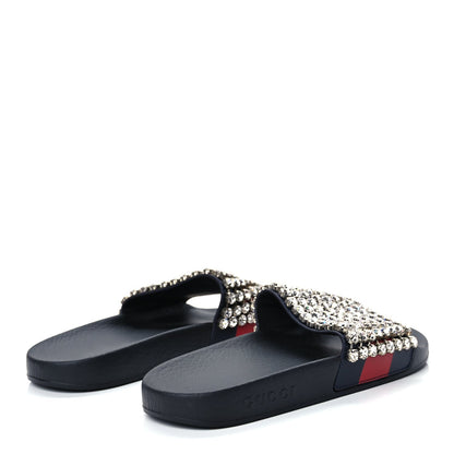 Gucci Calfskin Crystal Embellished Web Slide Sandals 38 Blue Red 5 of 8
