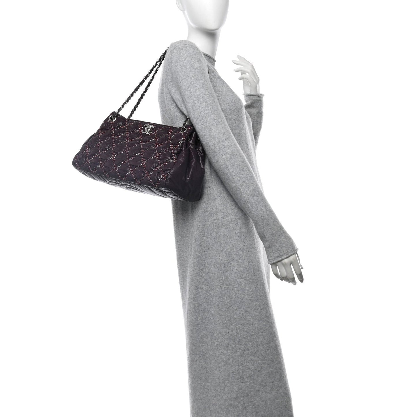 Nylon Quilted Tweed Stitch Bubble Tote Plum