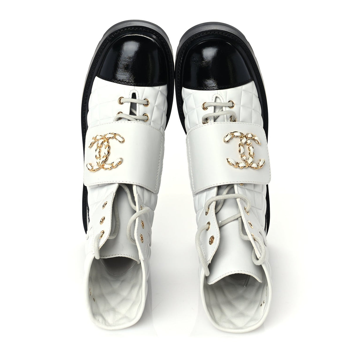 Chanel Shiny Goatskin Calfskin Quilted Lace Up Combat Boots  39 Ivory Black 5 of 7