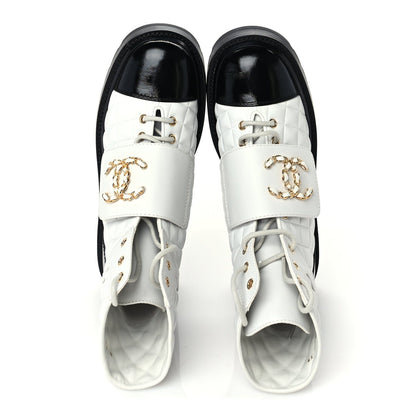 Chanel Shiny Goatskin Calfskin Quilted Lace Up Combat Boots  39 Ivory Black 5 of 7