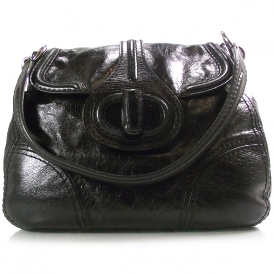 Vitello Shine Turnlock Flap Shoulder Bag Black