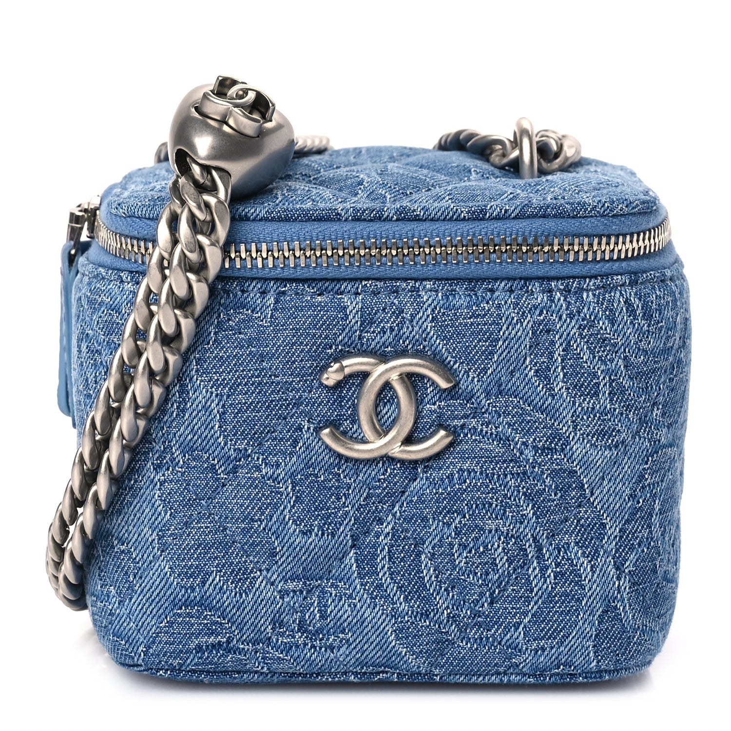 Chanel Denim Quilted Camellia Sweetheart Mini Vanity Case With Chain Blue 1 of 9