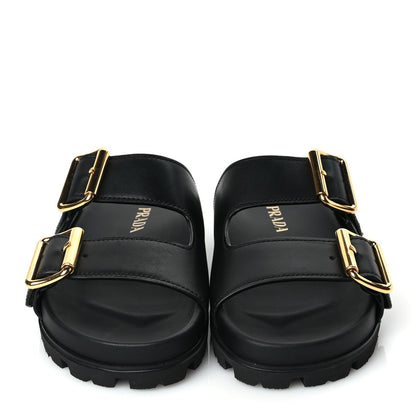 Prada Vitello Sport Metal Triangle Logo Womens Double Buckle 20mm Slide Sandals Black 3 of 9