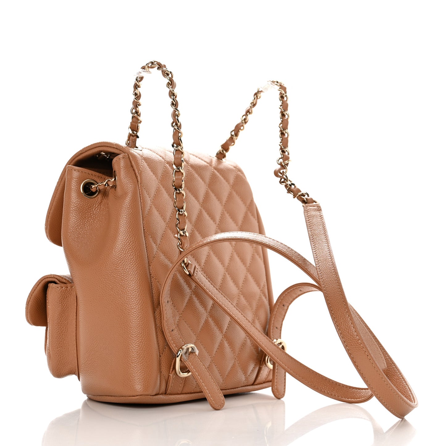 Shiny Caviar Quilted Medium Duma Pockets Drawstring Backpack Dark Beige