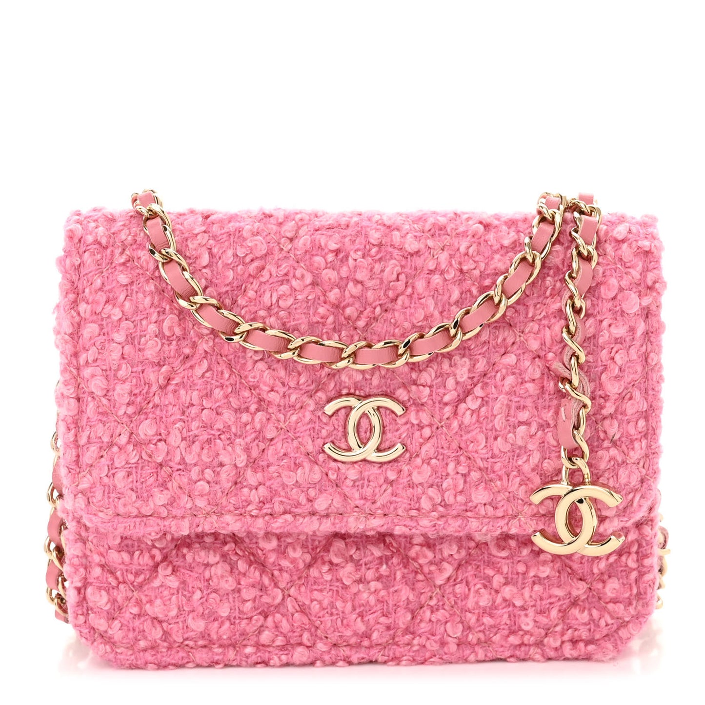 Tweed Quilted Flap Chain Waist Bag Pink