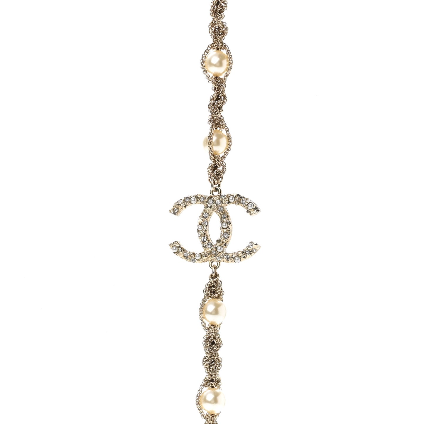Pearl Crystal CC Chain Long Necklace Gold