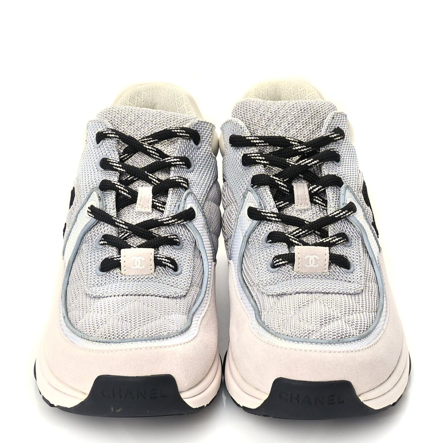 Mesh Suede Calfskin Grained Calfskin Womens CC Sneakers 37 Grey White