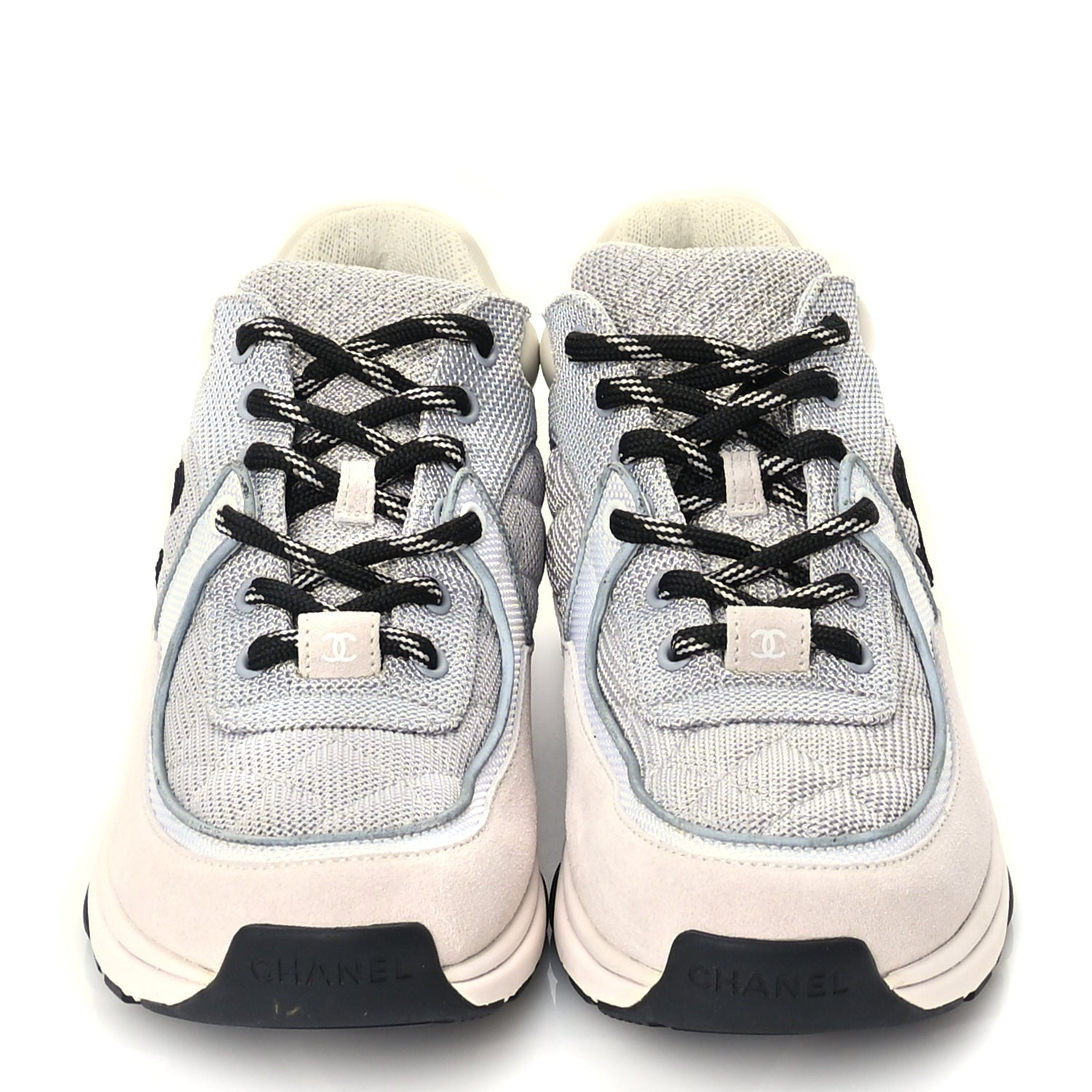 Chanel Mesh Suede Calfskin Grained Calfskin Womens CC Sneakers 37 Grey White 3 of 7