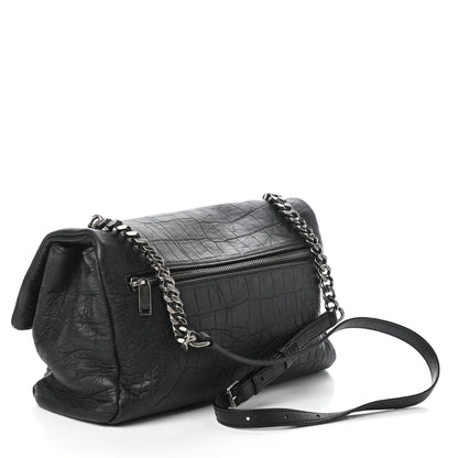 Saint Laurent Calfskin Crocodile Embossed Medium West Hollywood Monogram Fold-Over Black 3 of 9