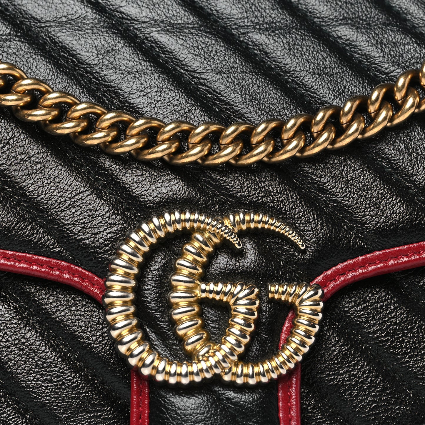 Vintage Effect Calfskin Matelasse Diagonal Small Torchon GG Marmont Shoulder Bag Black Romantic Cherry