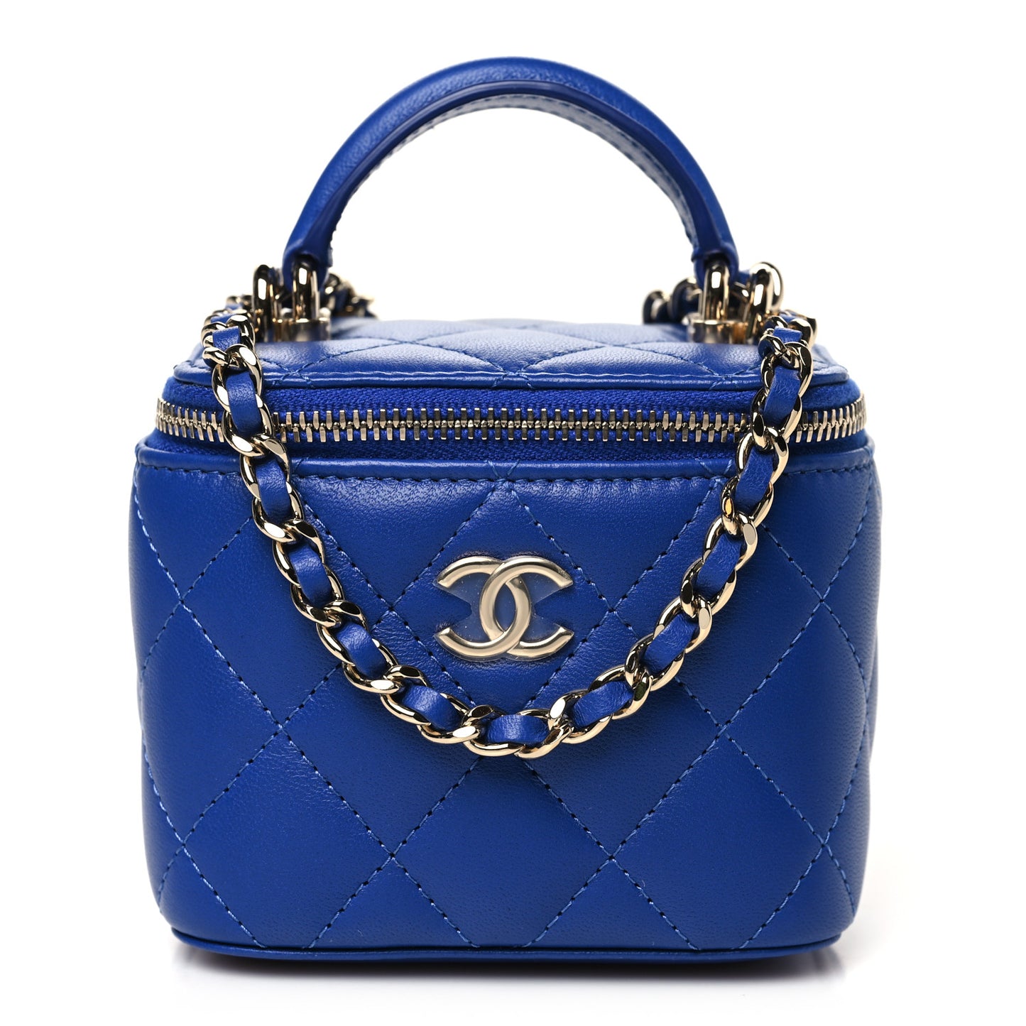 Lambskin Quilted Top Handle Mini Vanity Case With Chain Blue