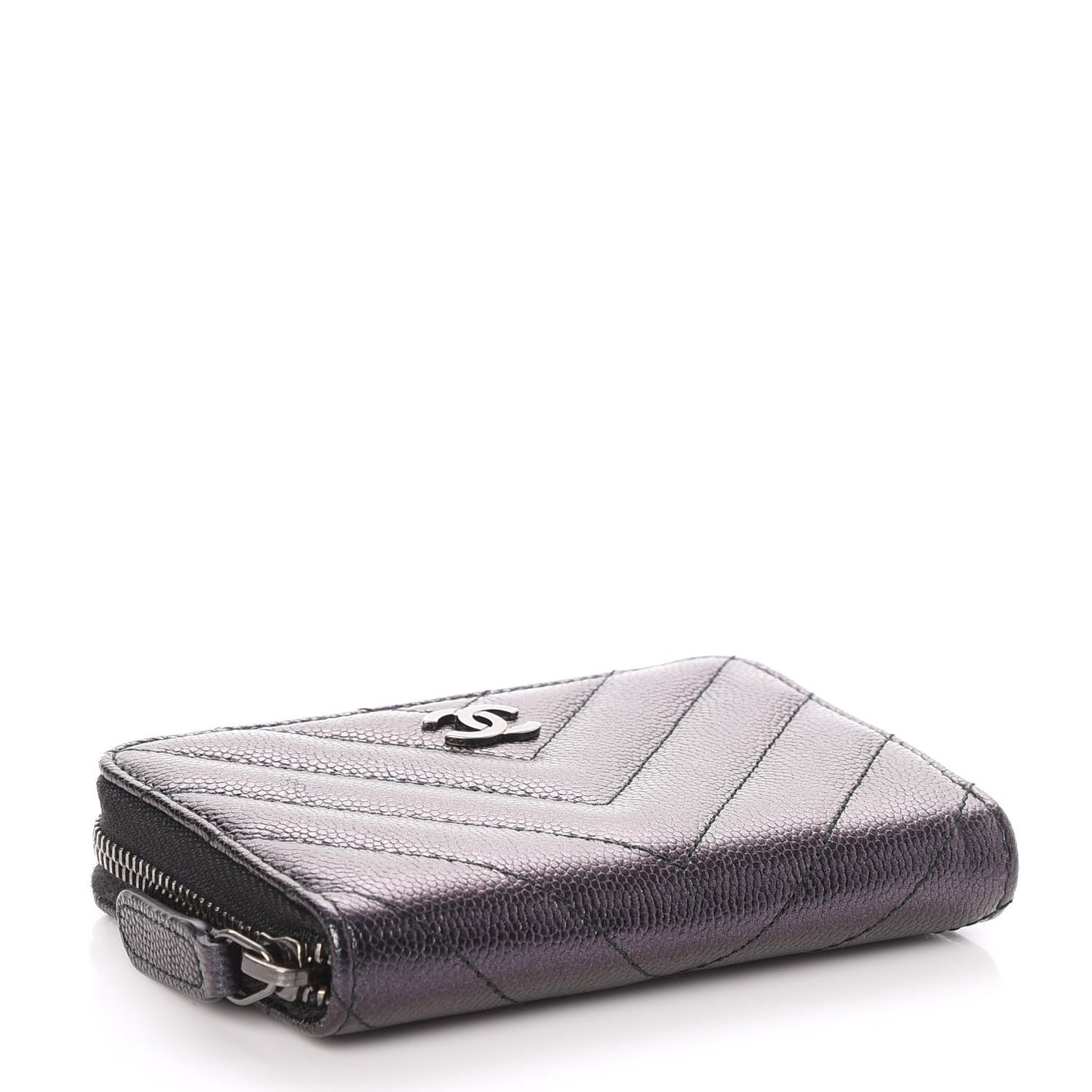 Iridescent Caviar Chevron Quilted Zip Around Coin Purse Black