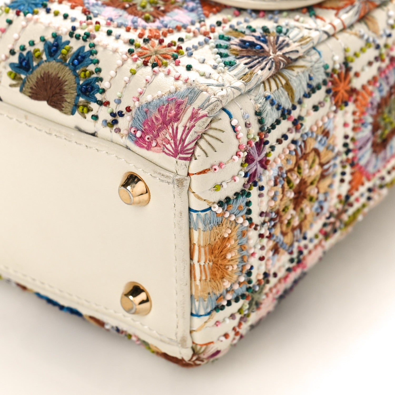 Christian Dior Calfskin Embroidered Beaded Geometric Cannage Mini Lady Dior White Multicolor 8 of 13