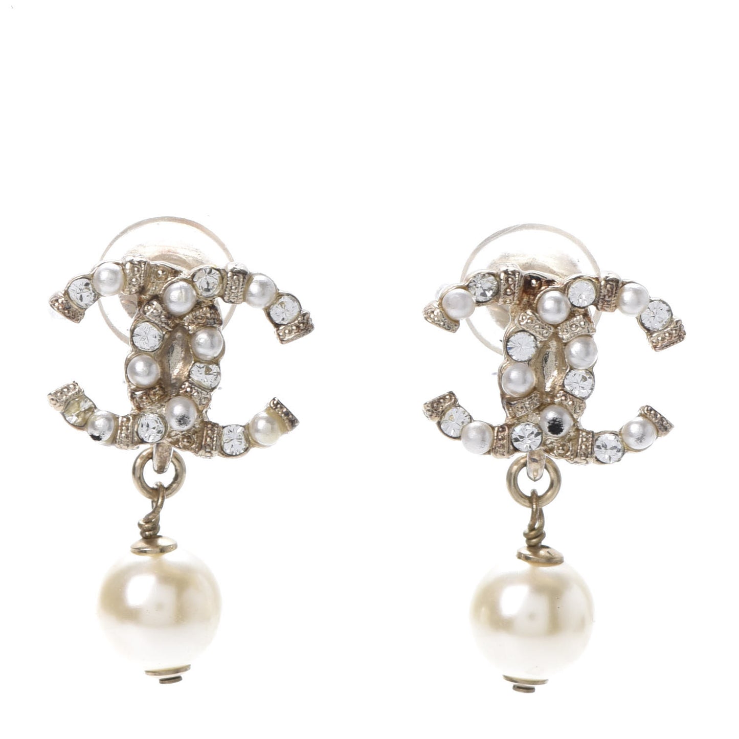 Crystal Pearl CC Drop Clip On Earrings Gold