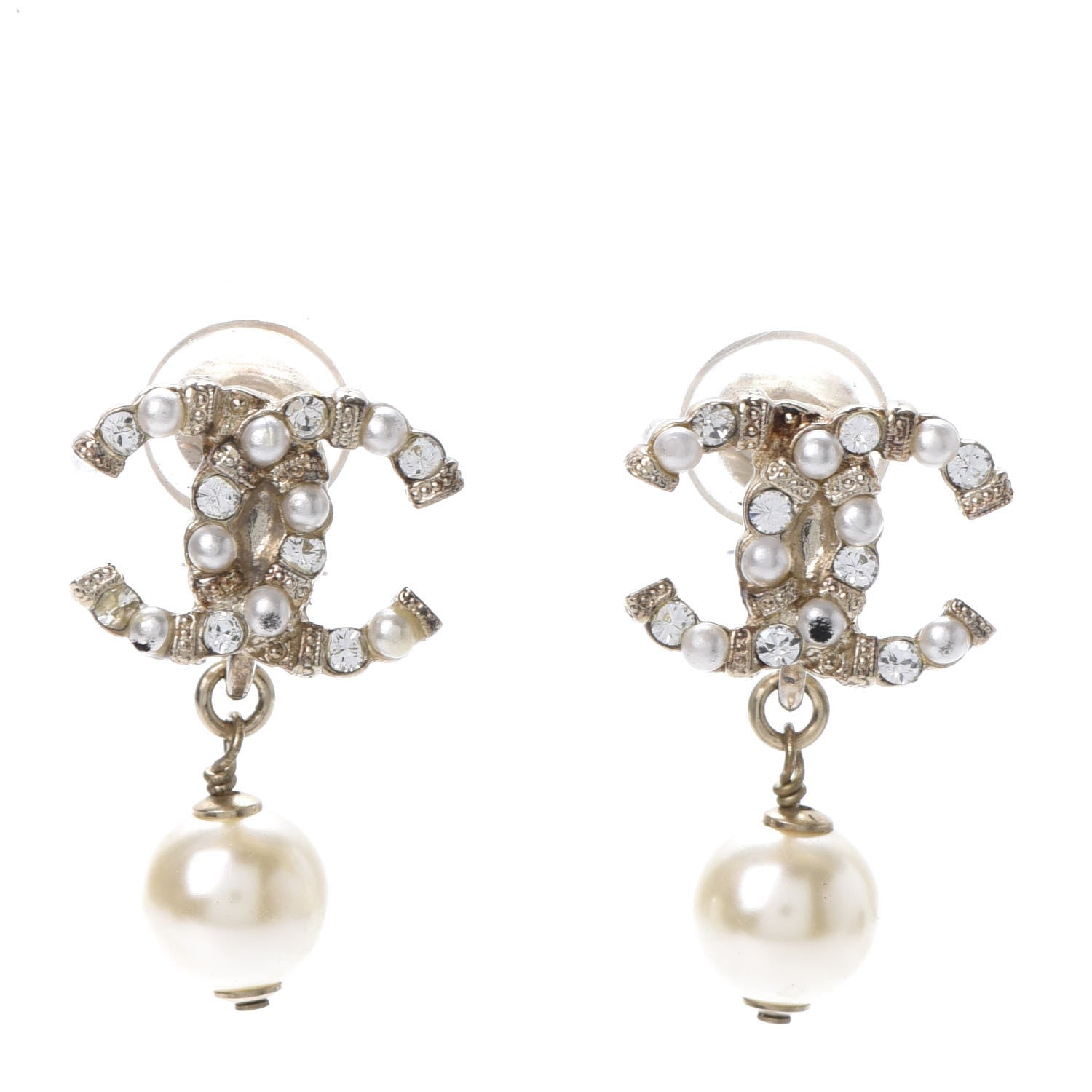 Chanel Crystal Pearl CC Drop Clip On Earrings Gold 1 of 6