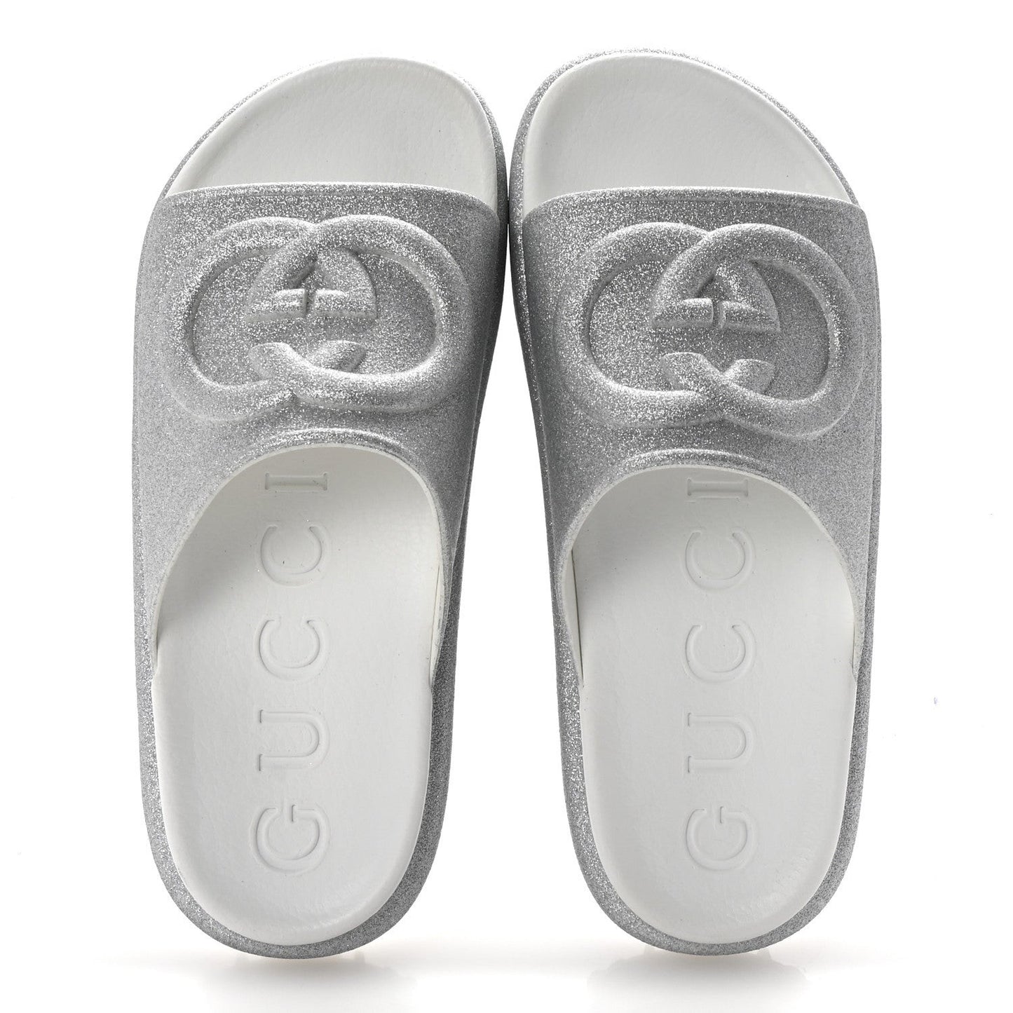 Glitter Rubber Womens InterLocking G Platform 42mm Slide Sandals 37 Silver