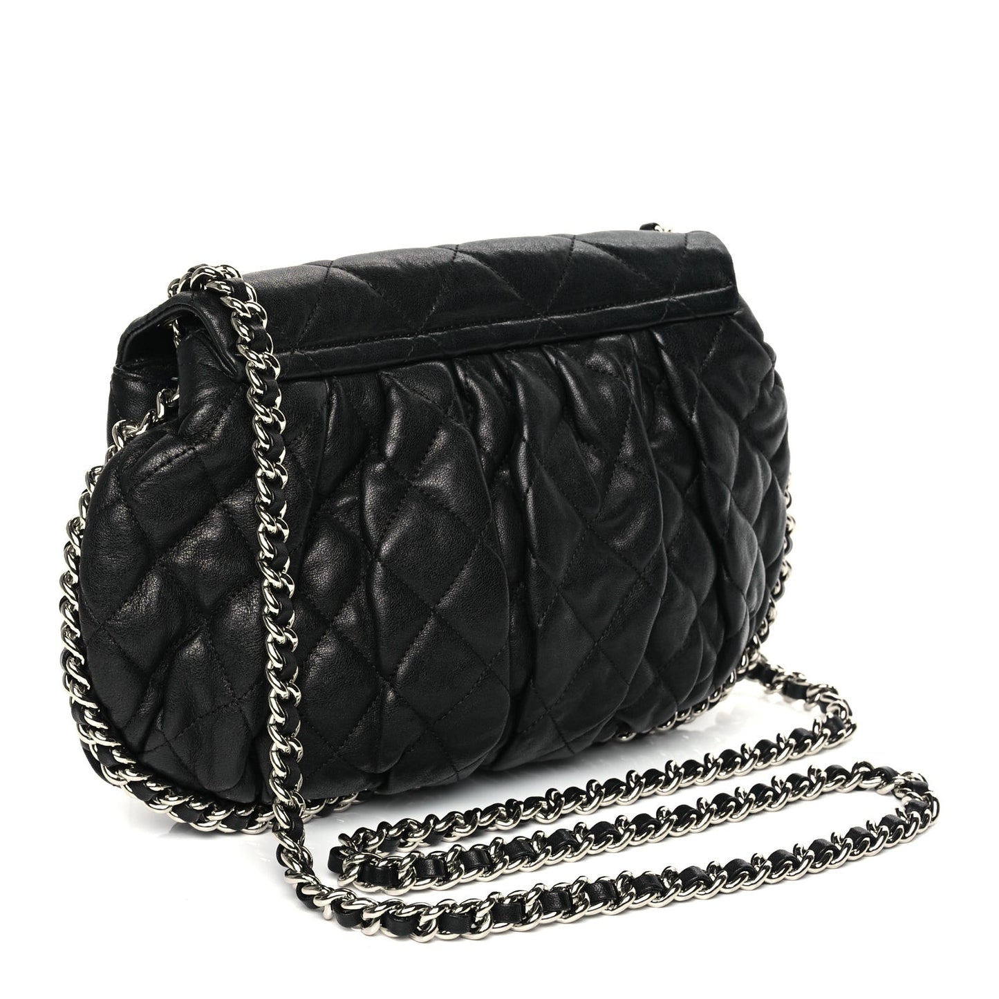 Washed Lambskin Quilted Medium Chain Around Messenger Black