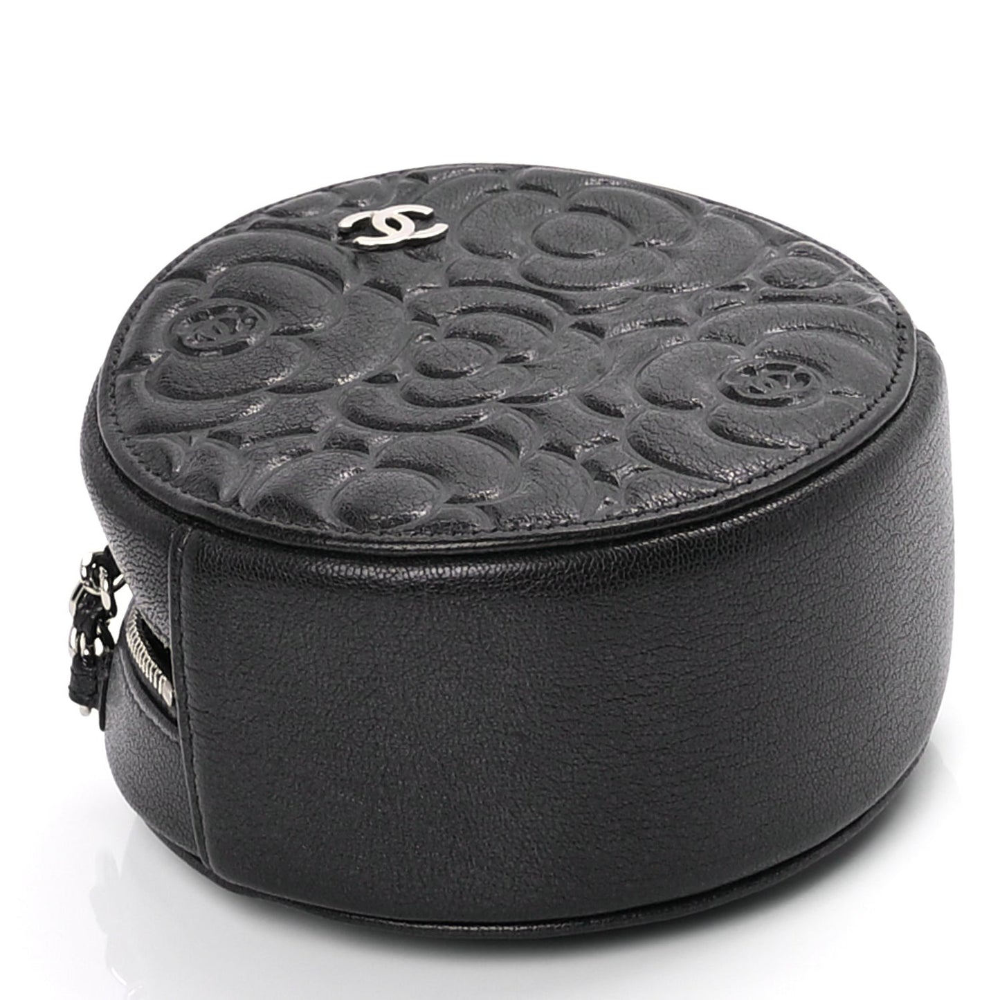 Goatskin Camellia Quilted Round Clutch With Chain Anthracite