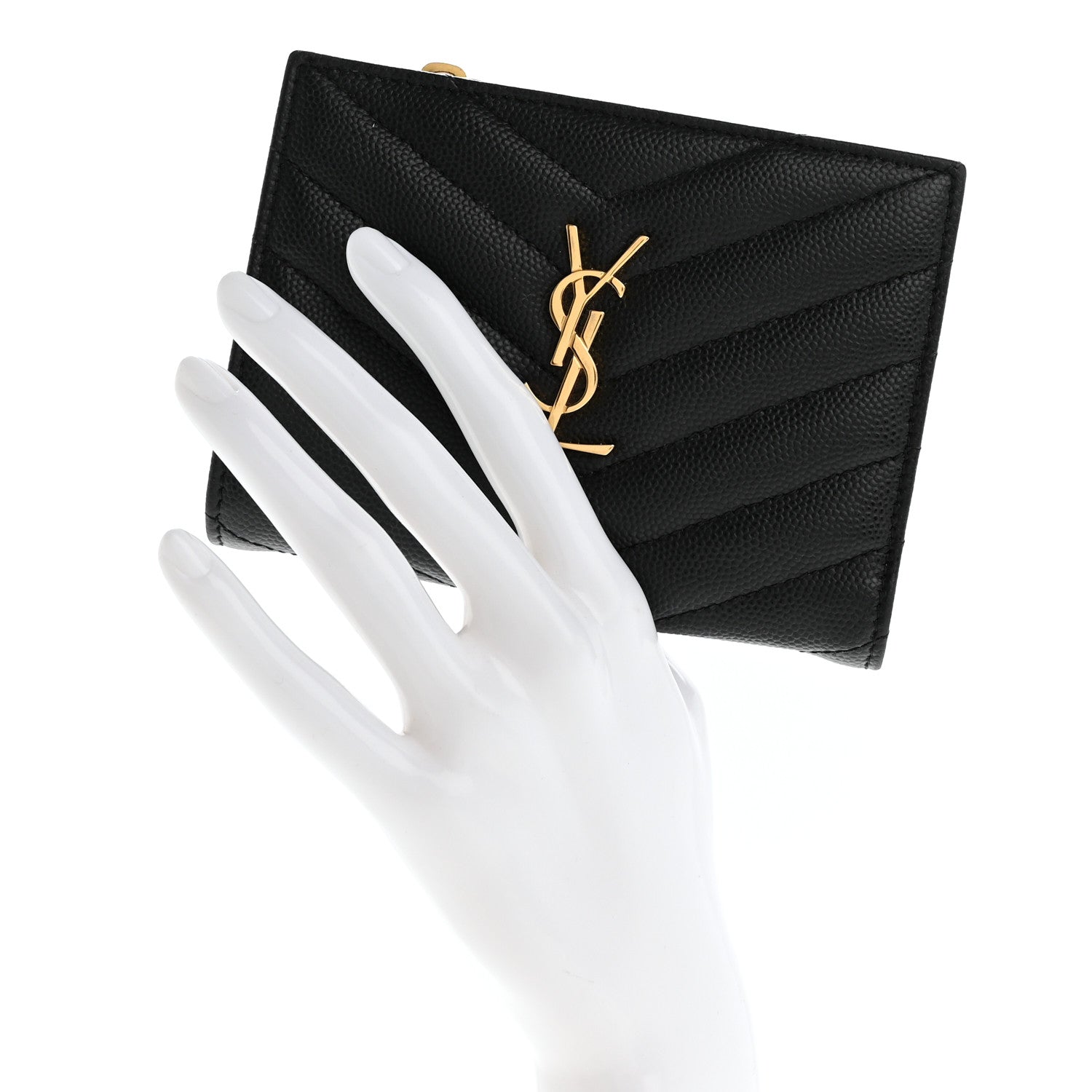 Saint Laurent Grain De Poudre Matelasse Chevron Monogram Zipped Two-Part Wallet Black 2 of 10