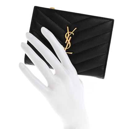 Saint Laurent Grain De Poudre Matelasse Chevron Monogram Zipped Two-Part Wallet Black 2 of 10