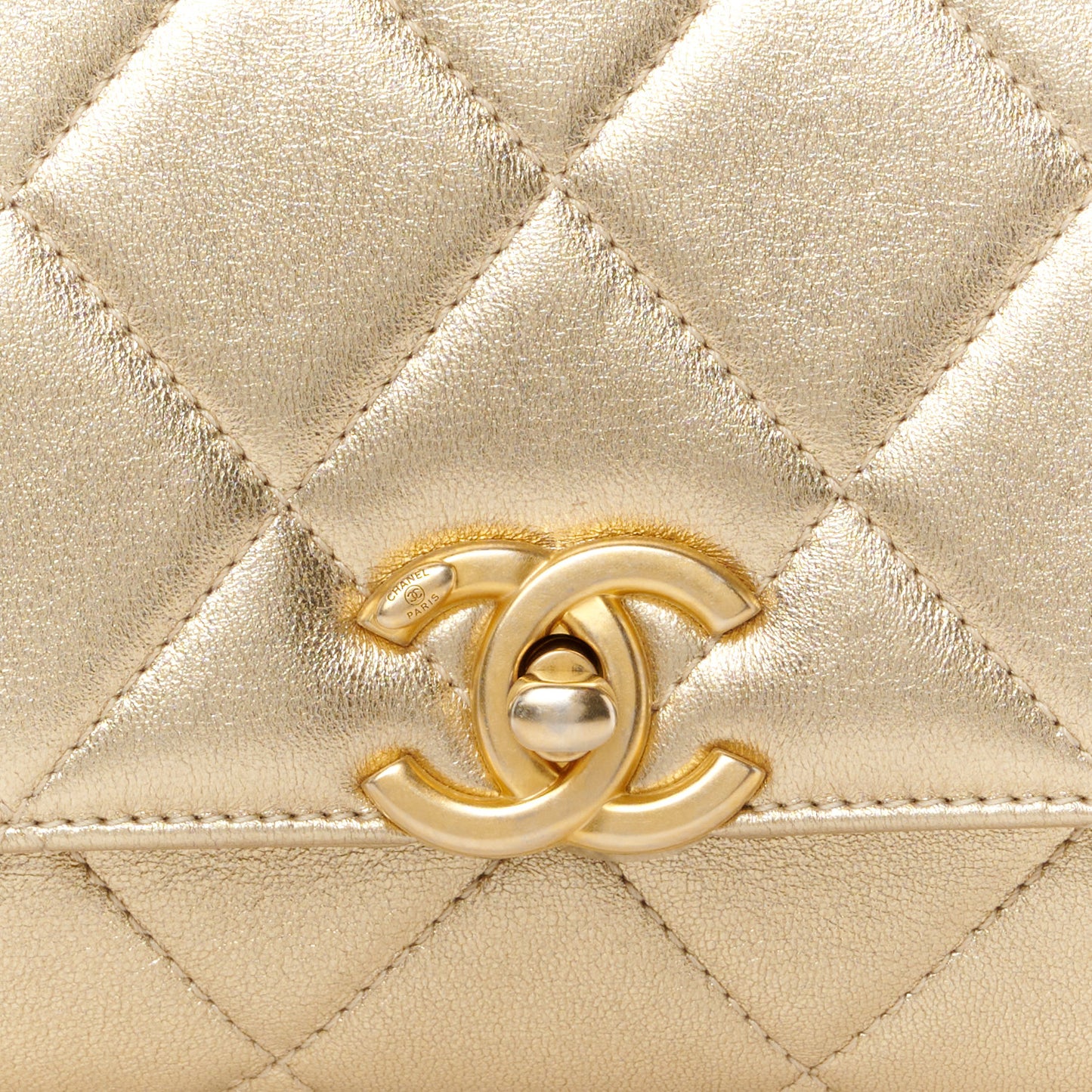 Metallic Lambskin Quilted Mini CC Crystal Logo Chain Flap Gold