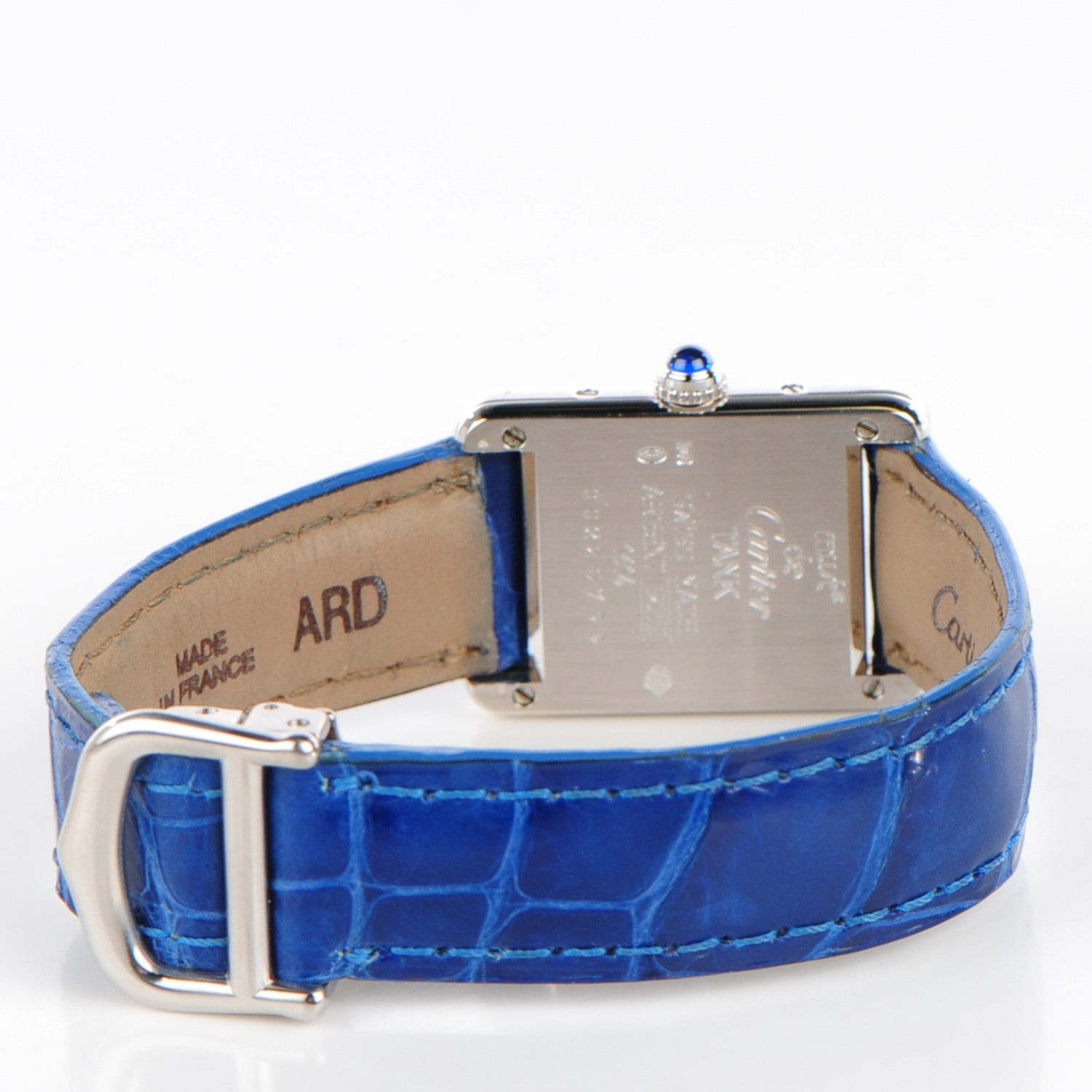 Cartier Sterling Silver Alligator 20mm Must de Cartier Tank Quartz Watch Blue 6 of 10