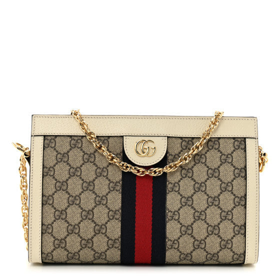 GG Supreme Monogram Textured Calfskin Web Small Ophidia Chain Shoulder Bag Beige Ebony Mystic White