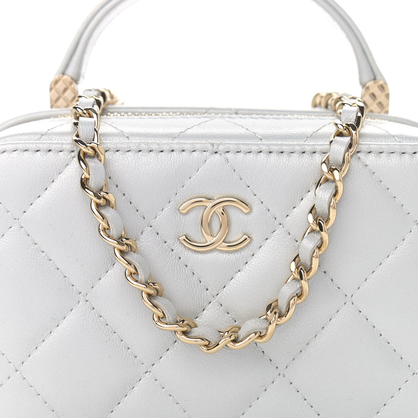 Metallic Lambskin Quilted Top Handle Vanity Case Silver