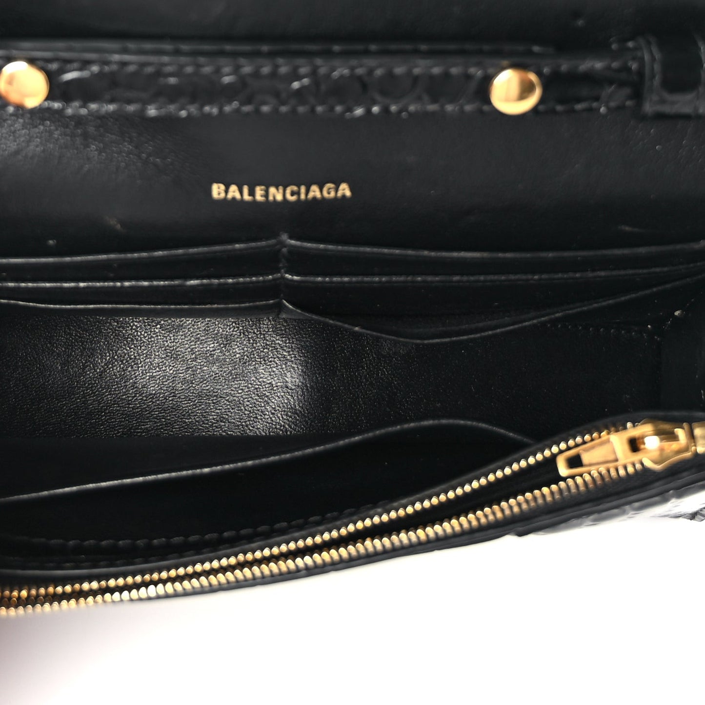 Shiny Calfskin Crocodile Embossed Hourglass Wallet on Chain Black