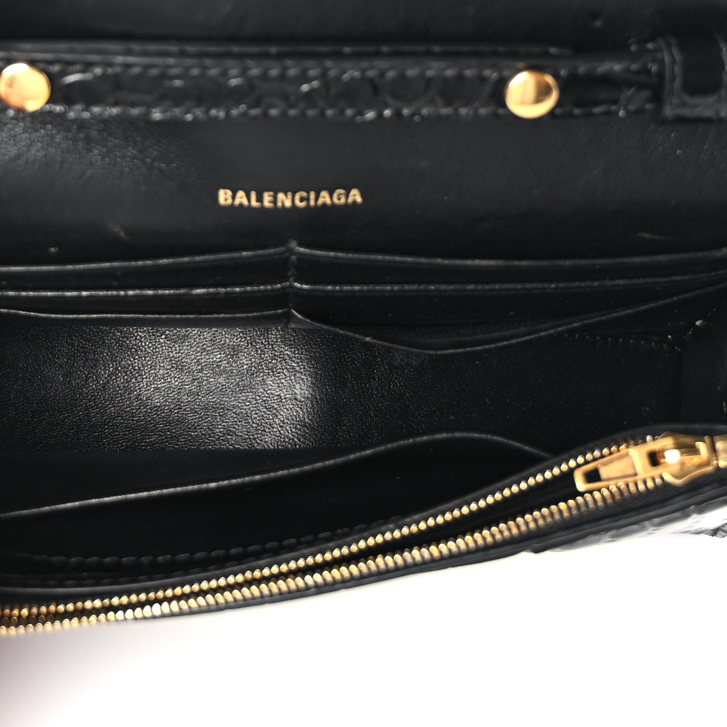 Balenciaga Shiny Calfskin Crocodile Embossed Hourglass Wallet on Chain Black 4 of 8