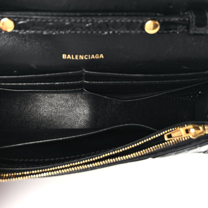 Balenciaga Shiny Calfskin Crocodile Embossed Hourglass Wallet on Chain Black 4 of 8