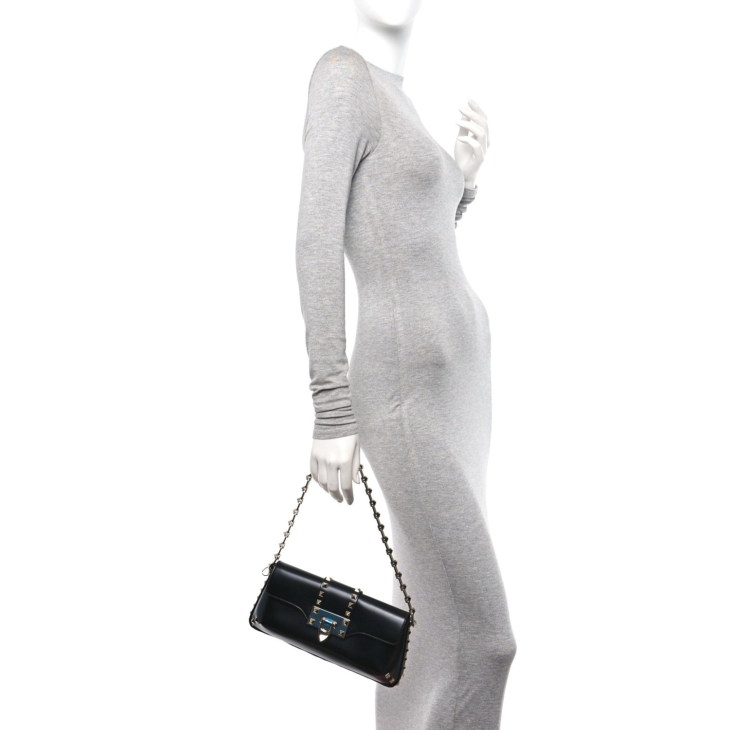 Valentino Garavani Brushed Calfskin Rockstud Flip Lock Chain Shoulder Bag Black 2 of 15