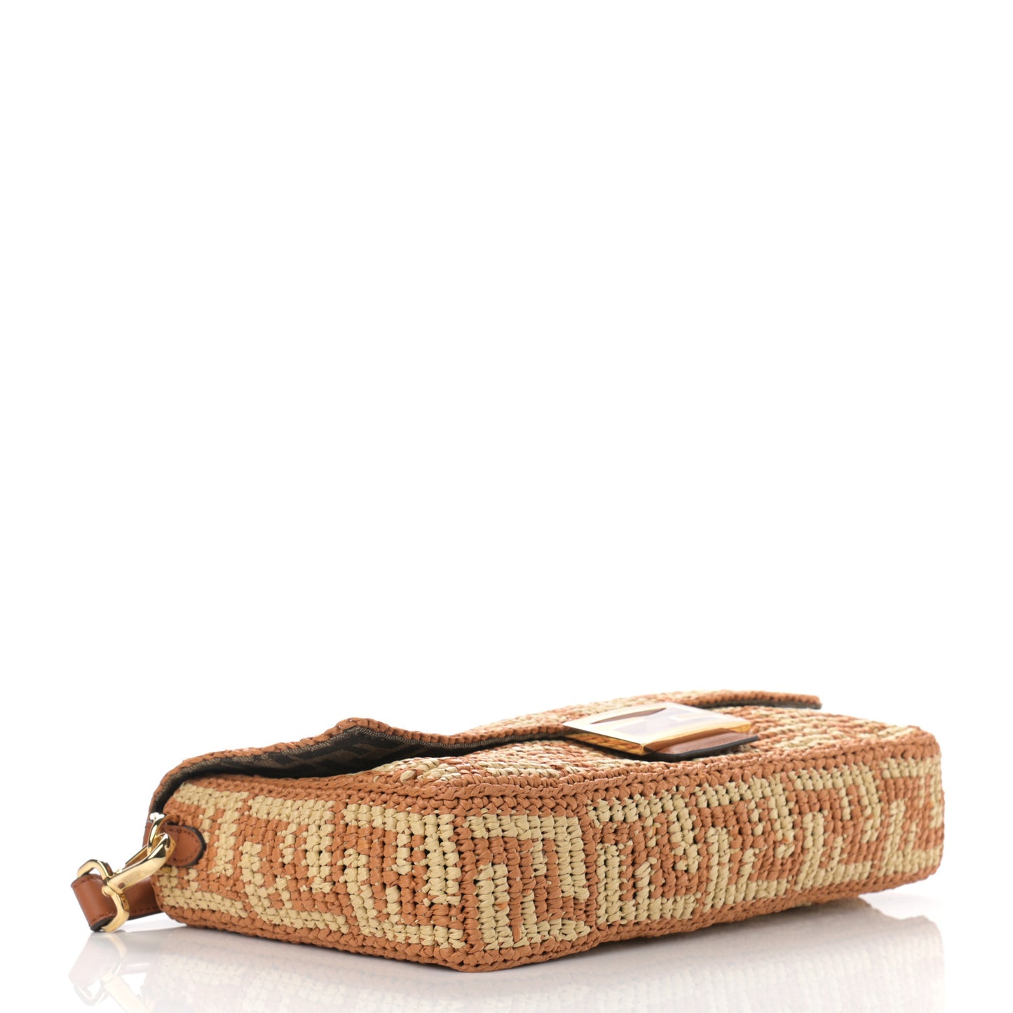 Raffia Vitello Seta FF Woven Large Baguette Brick Natural