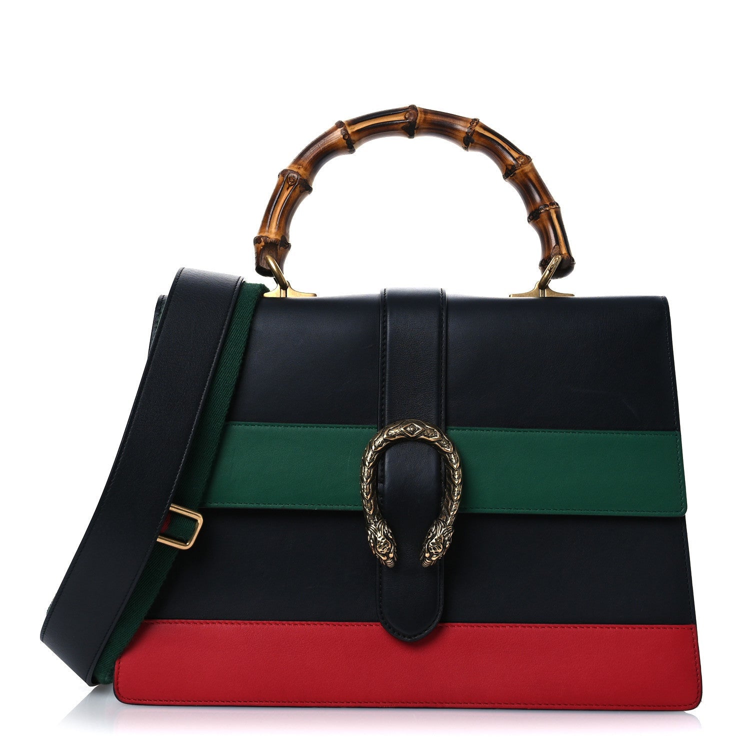 Gucci Calfskin Bamboo Web Large Dionysus Top Handle Bag Black Bright Evergreen Hibiscus Red 1 of 7
