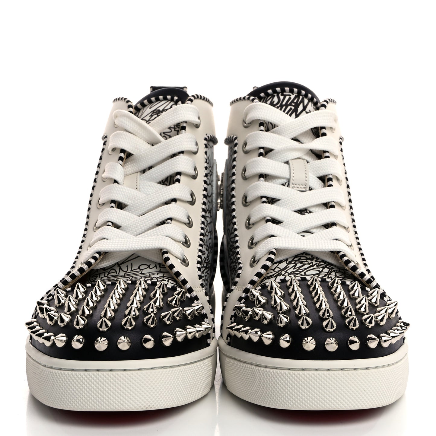 Mens Calfskin Lou Spikes Caligraf Orlato Flat Sneakers 36 White Black Silver