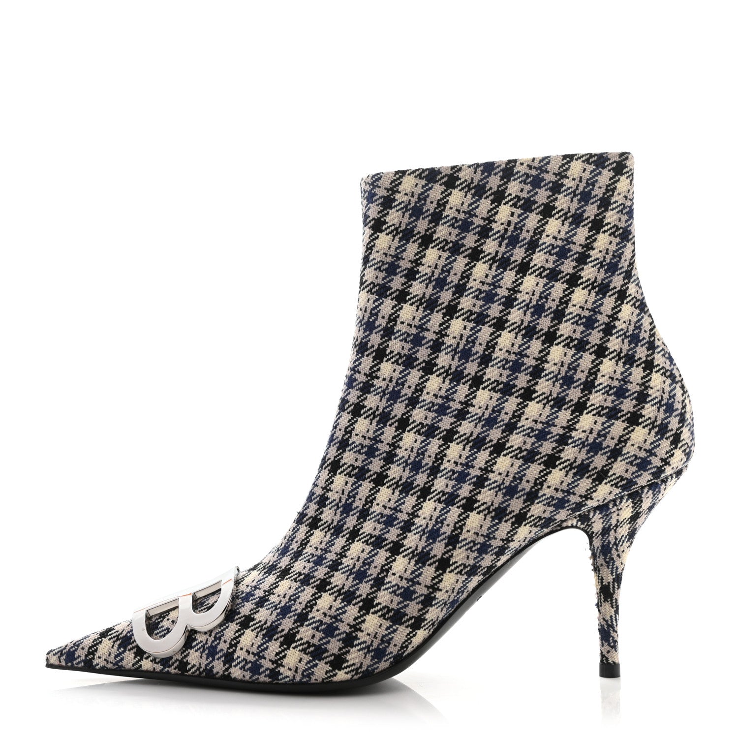 Balenciaga Wool Check BB Pointy Toe Ankle Booties 40 Beige Navy Silver 1 of 9