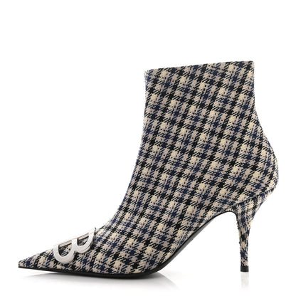 Balenciaga Wool Check BB Pointy Toe Ankle Booties 40 Beige Navy Silver 1 of 9